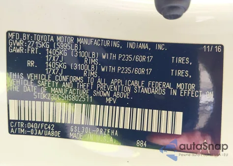 2017 Toyota Sienna Le 8 Passenger from USA, damaged, VIN 5TDKZ3DC5HS802511